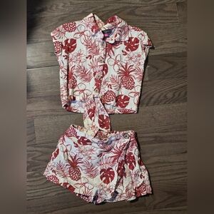 Tropical Red and White Tie/Button-Up Shirt and Skort Set Toddler Girl 3T
